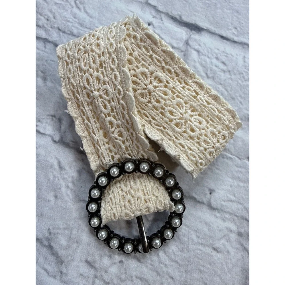 Lace Canvas Belt Womens Size 3 Cream Excellent Pearl Buckle Boho Cottage